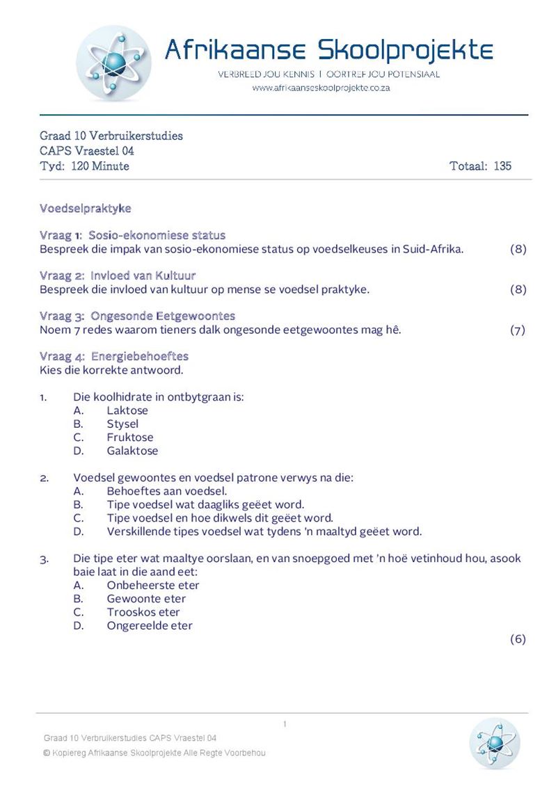 Graad 10 Eksamenvraestelle en Antwoorde